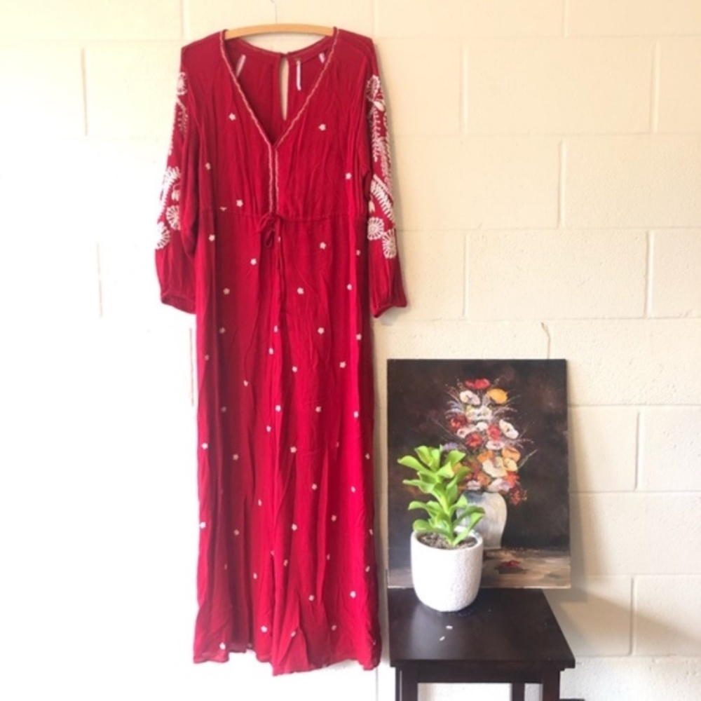 Free People Red White Floral Embroidered Wide Leg Long Sleeve Jumpsuit Size XS - Picture 5 of 9
